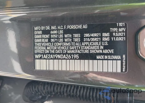 2022 Porsche Cayenne E-Hybrid Platinum Edition from USA, damaged, VIN WP1AE2AY9NDA26195